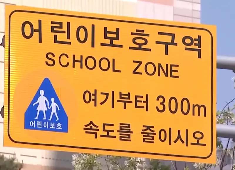 스쿨존 내 설치된 노란색 어린이 보호구역 전용 표지판