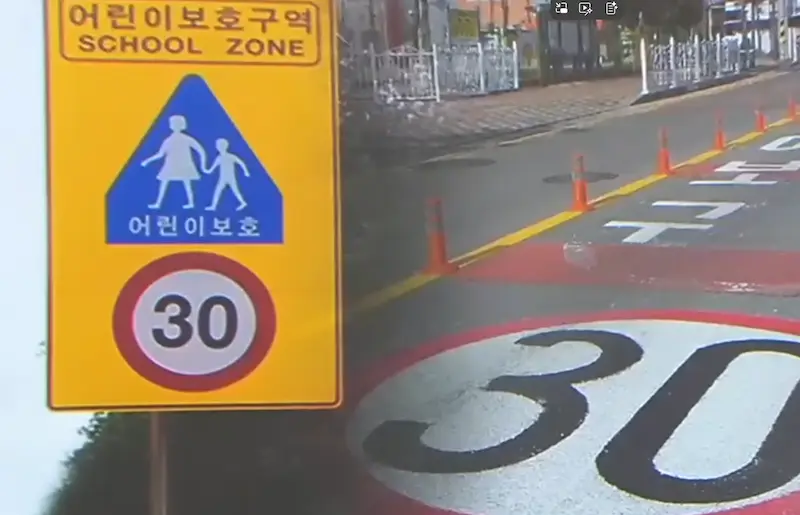 스쿨존 내 설치된 노란색 어린이 보호구역 전용 신호등